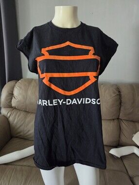 Harley-Davidson Black Tee with Orange Shield and White Logo, Size Large